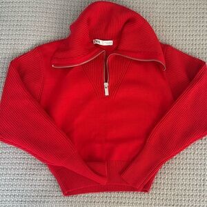 Zara Vibrant Red Knit Zip Sweater